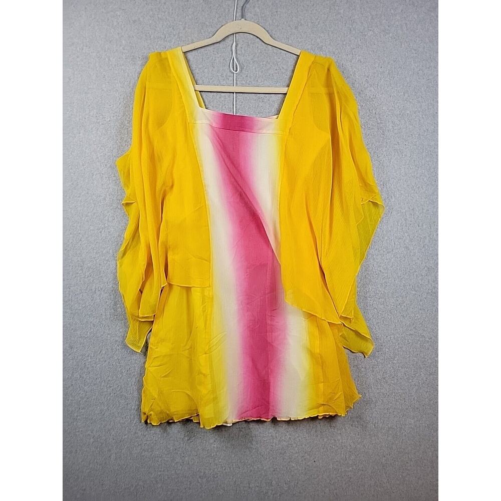 Silk Assets Silk Blend Artsy Yellow Dolman Batwing Chiffon Tunic Women's Large